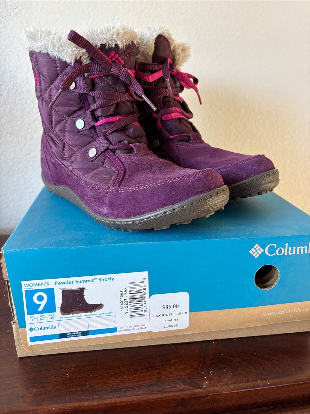 Columbia Women's Powder Summit Shorty Boot Ladies 9 in Purple Dahlia/Deep Blush